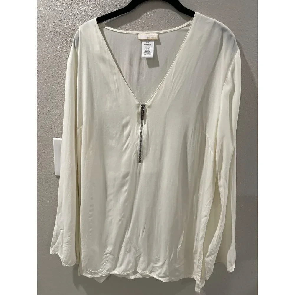Michael  KORS Career WOMENS WHITE BLOUSE 1/4 ZIP V-NECK LONG SLEEVE SIZE LARGE